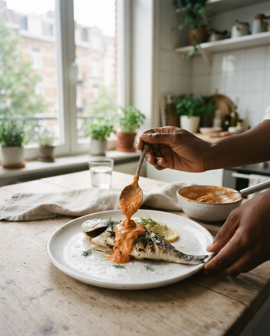 Marinade versée sur un poisson grillé dans une cuisine bruxelloise