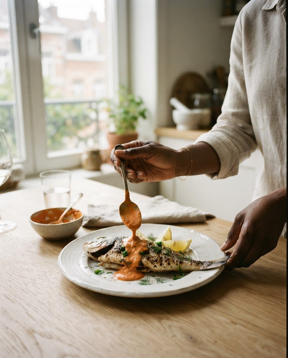 Mains servant une marinade dans une cuisine en lumière de fenêtre