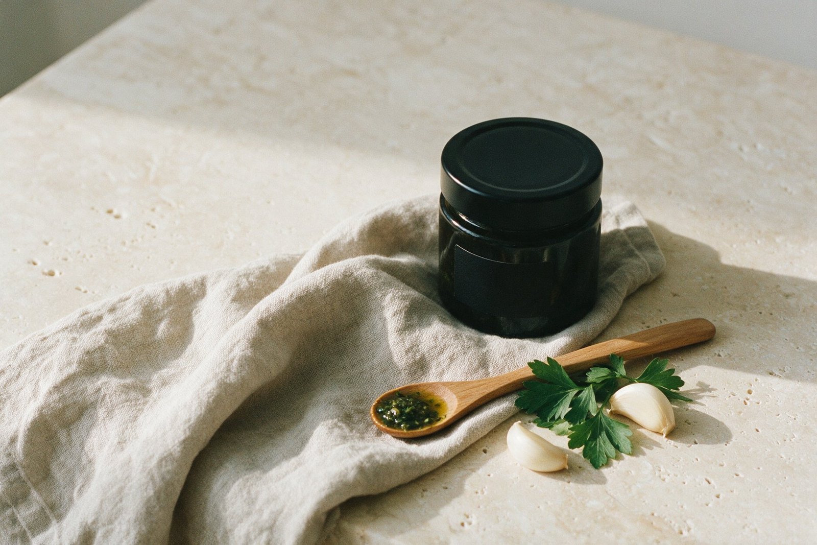 Pot Nag’s sur une table en travertin avec une cuillère de marinade
