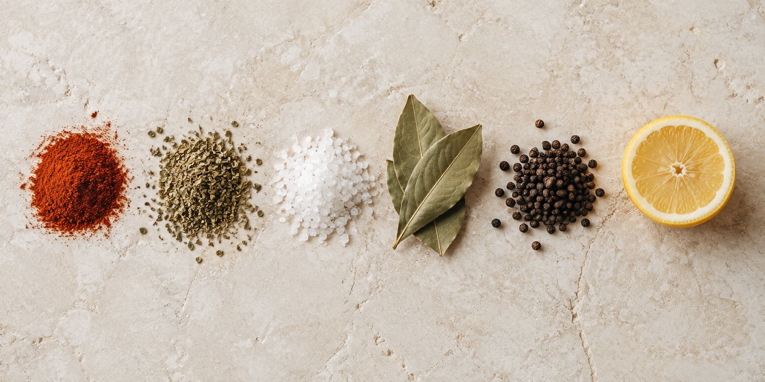 Paprika, origan, sel, laurier, poivre et citron sur pierre claire
